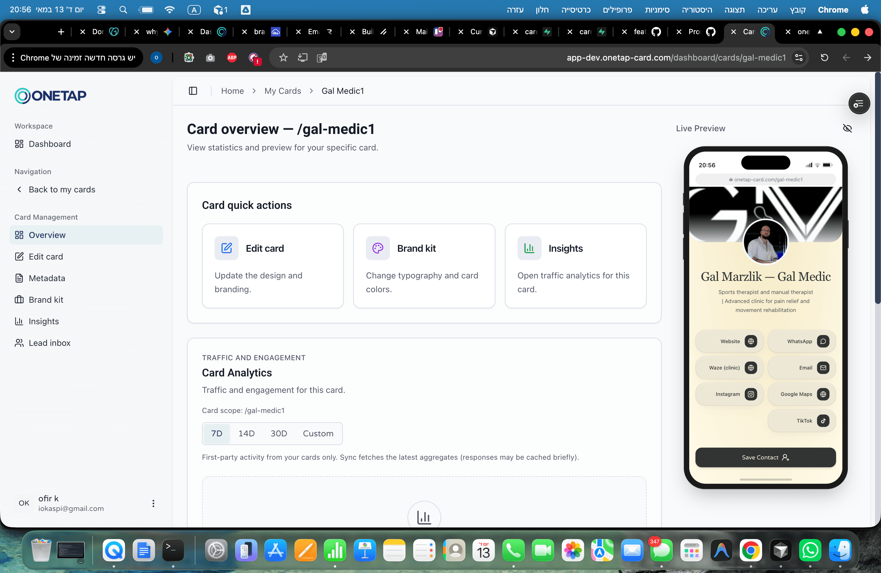 OneTap dashboard with card overview, analytics, and live phone preview